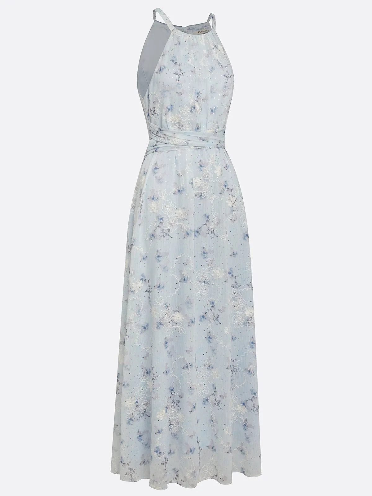 Light Blue Stamped Bronzing Jacquard Floral Chiffon Halter Sleeveless A-Line Maxi Dress