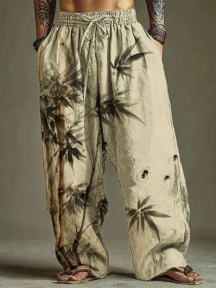 Men's Bamboo And Bees Ink Painting Chinese Style Art Printed Casual Pants