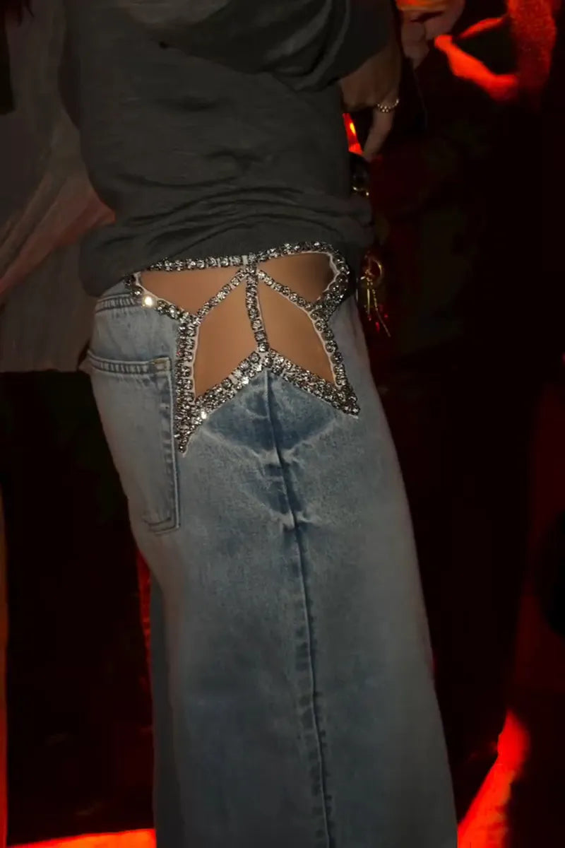 Light Wash Rhinestone Cutout Waist Wide Leg Denim Jeans