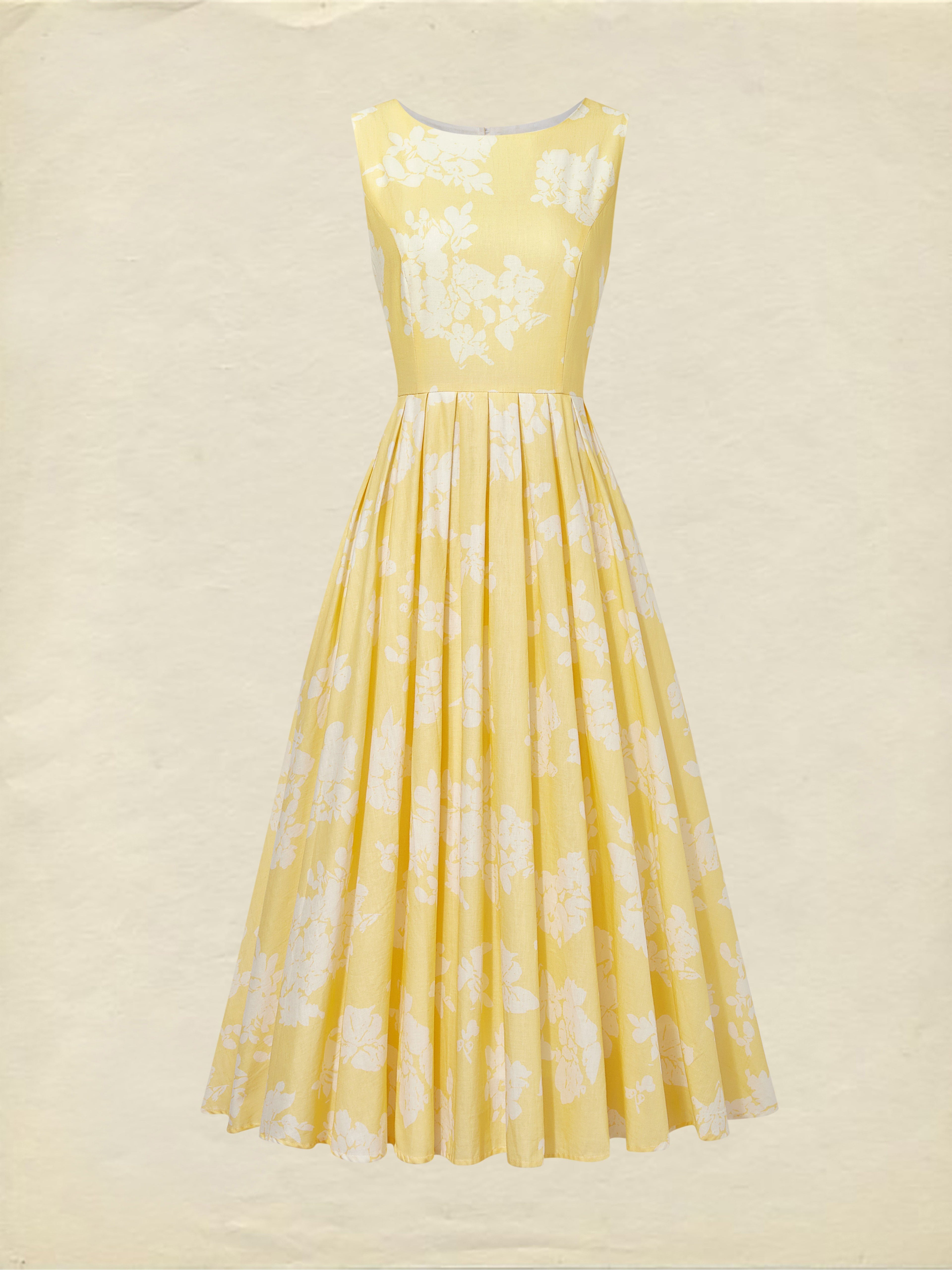 (SIZE:XS-XXL) Midi Linen Dress, Sleeveless,  Linen Blend, Floral, Renaissance