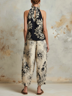 Black & Beige Floral Halter Top & Wide-Leg Pants Two-Piece Set