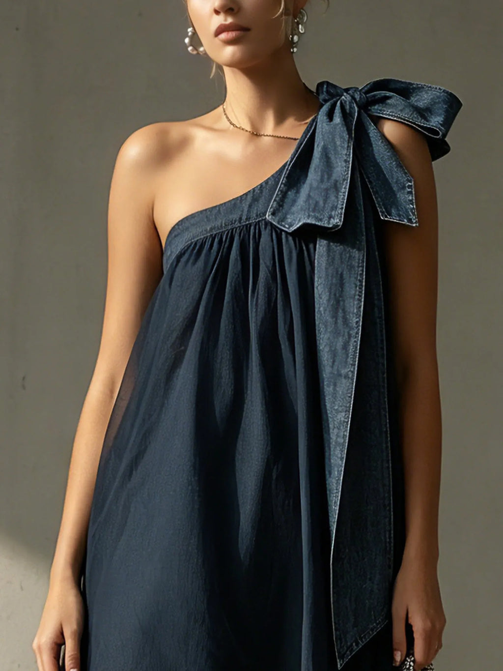 Blue Denim Trim Chiffon Sleeveless Mini Dress