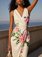 Pink Cross Floral Wrap Dress V Neck Sleeveless Mermaid Gown Dress