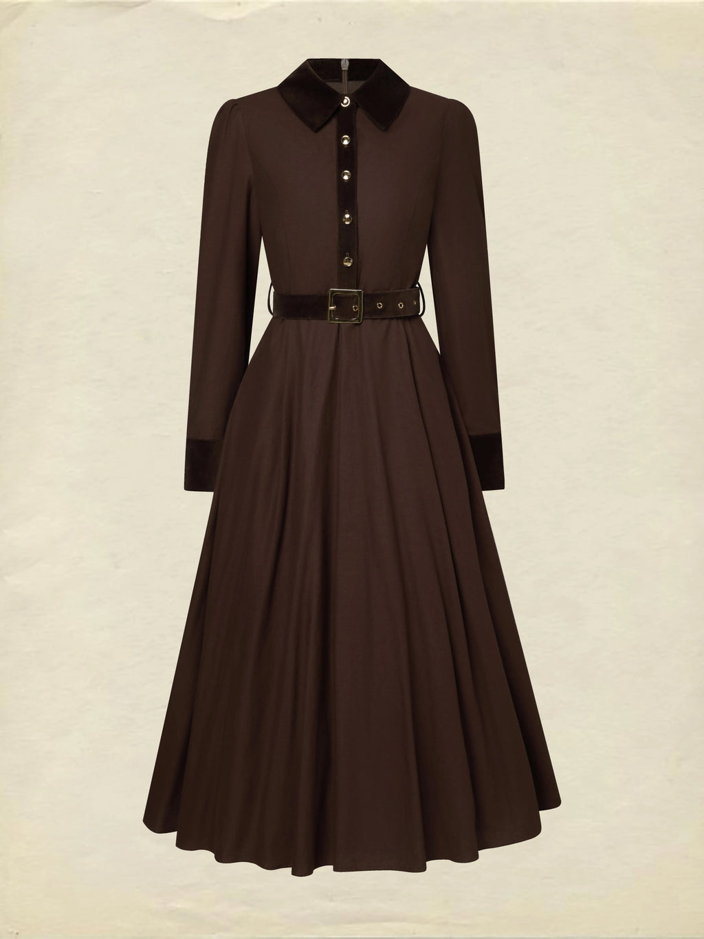 Midi Cotton Dress, Long Sleeves, Shawl Collar, Plain, Belt Design, Vintage, Coffee