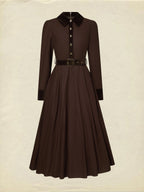 Midi Cotton Dress, Long Sleeves, Shawl Collar, Plain, Belt Design, Vintage, Coffee