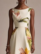 Beige Floral Boat Neck Sleeveless A-Line Midi Dress
