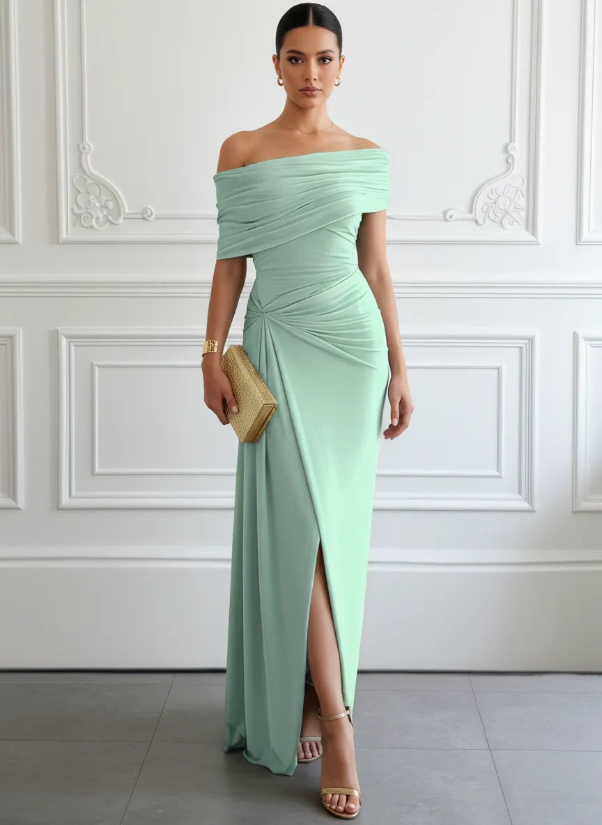 Green Ruched Knit Off The Shoulder Sleeveless Bodycon Maxi Dress