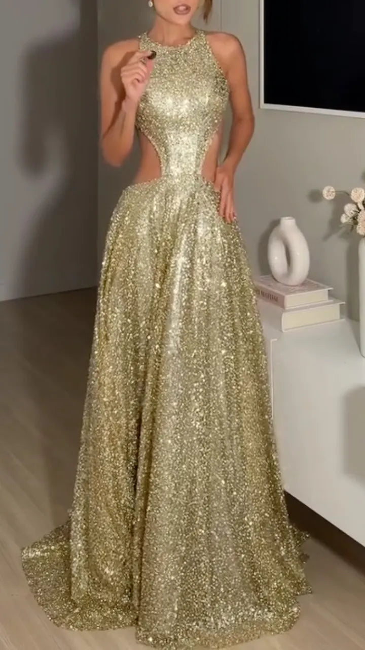 Gold Glitter Halter Side Cutout A-Line Train Maxi Gown