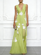 Light Green Applique Chiffon V Neck Sleeveless A-Line Maxi Dress