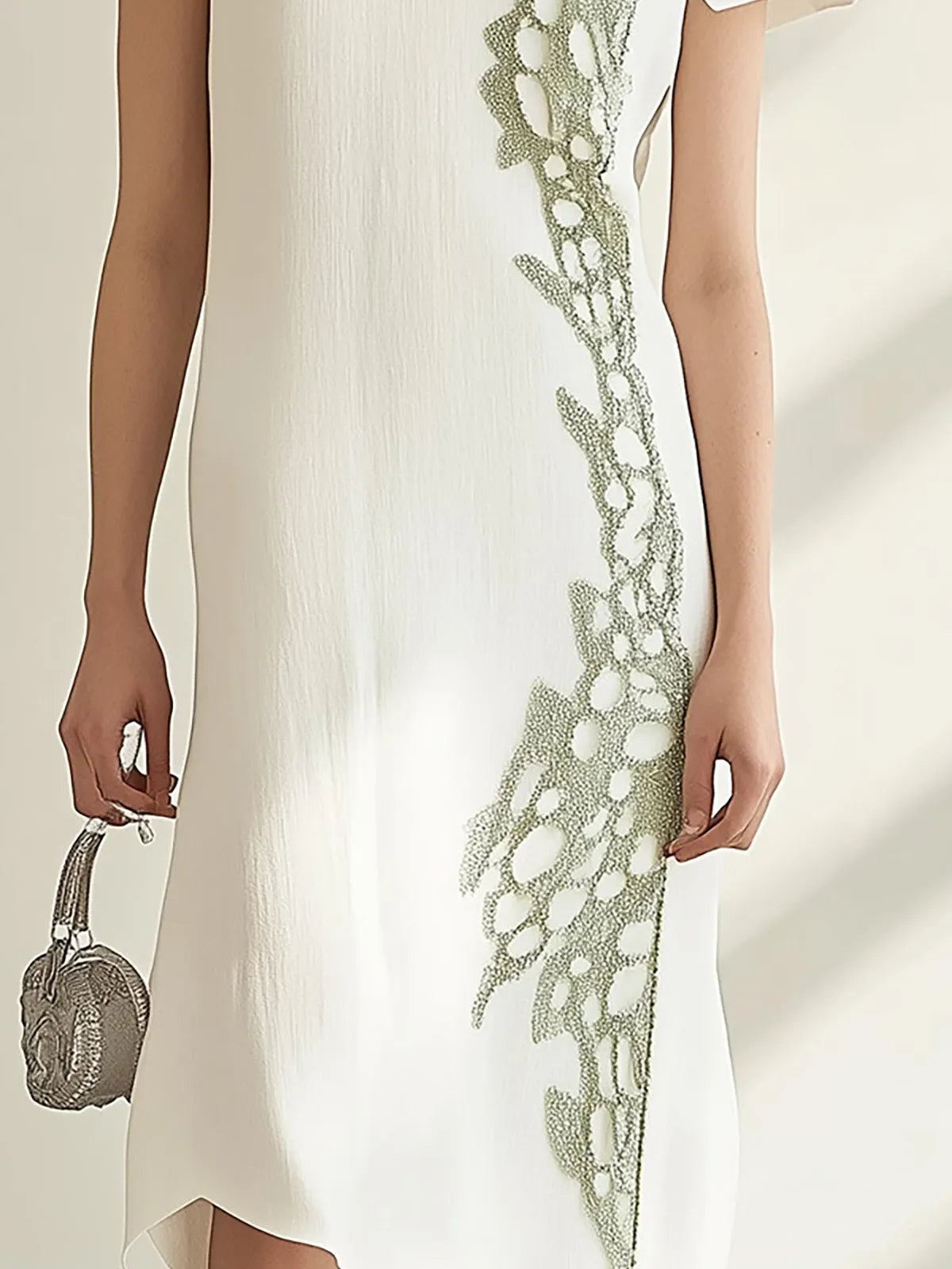 White Linen Dress with Green Embroidery Detail