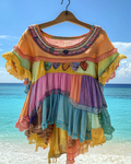 Summer colorful vacation patchwork cotton and linen contrast color top 00ef