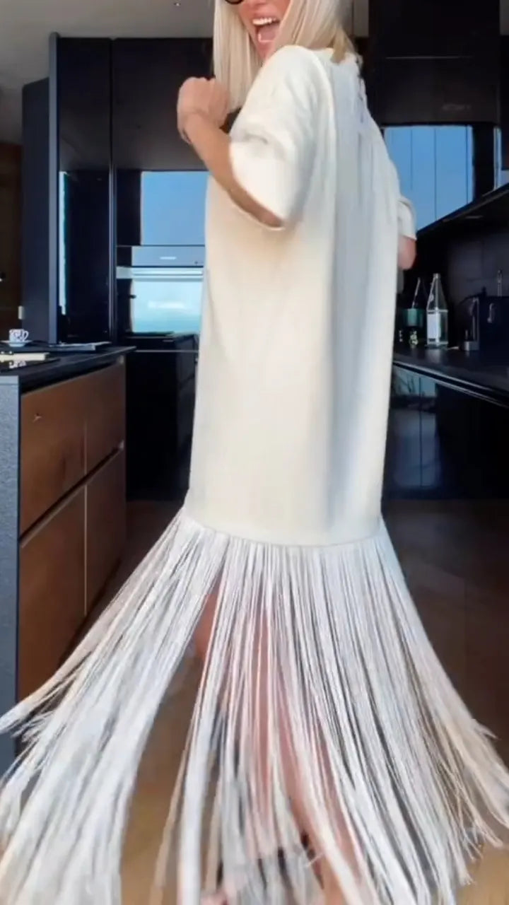 White Fringe Oversized T‑shirt Maxi Dress
