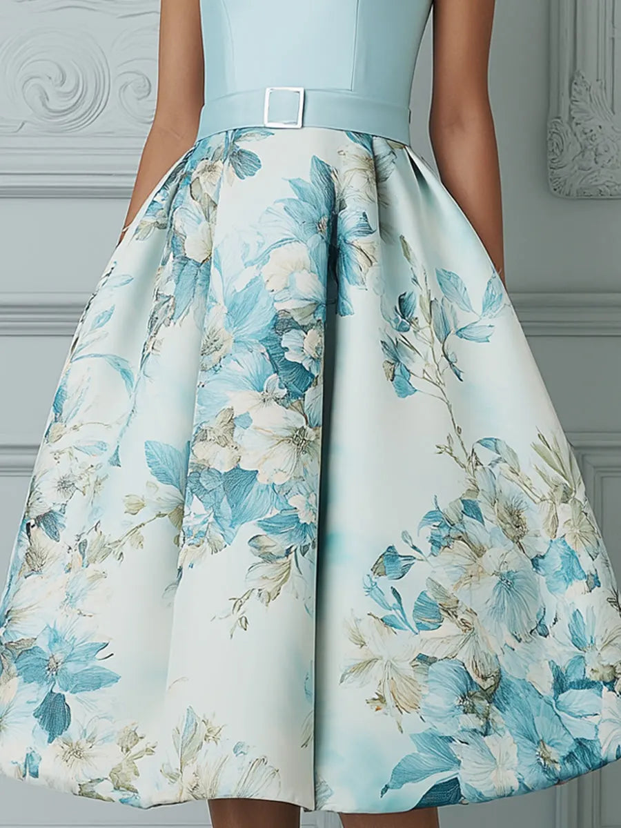 Elegant Boat Neck Cap Sleeve A-Line Midi Dress