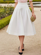 Midi Cotton Skirt, Plain, Lace, Vacation, Vintage, White