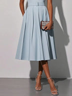 Light Blue Lace V Neck Sleeveless A-Line Midi Dress