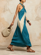 Boho Halter Neck Color Block Maxi Dress | Relaxed Fit Linen Vacation Dress