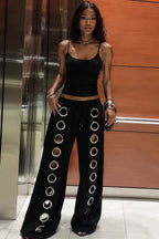 Metal Eyelet Cutout Wide Leg Pants