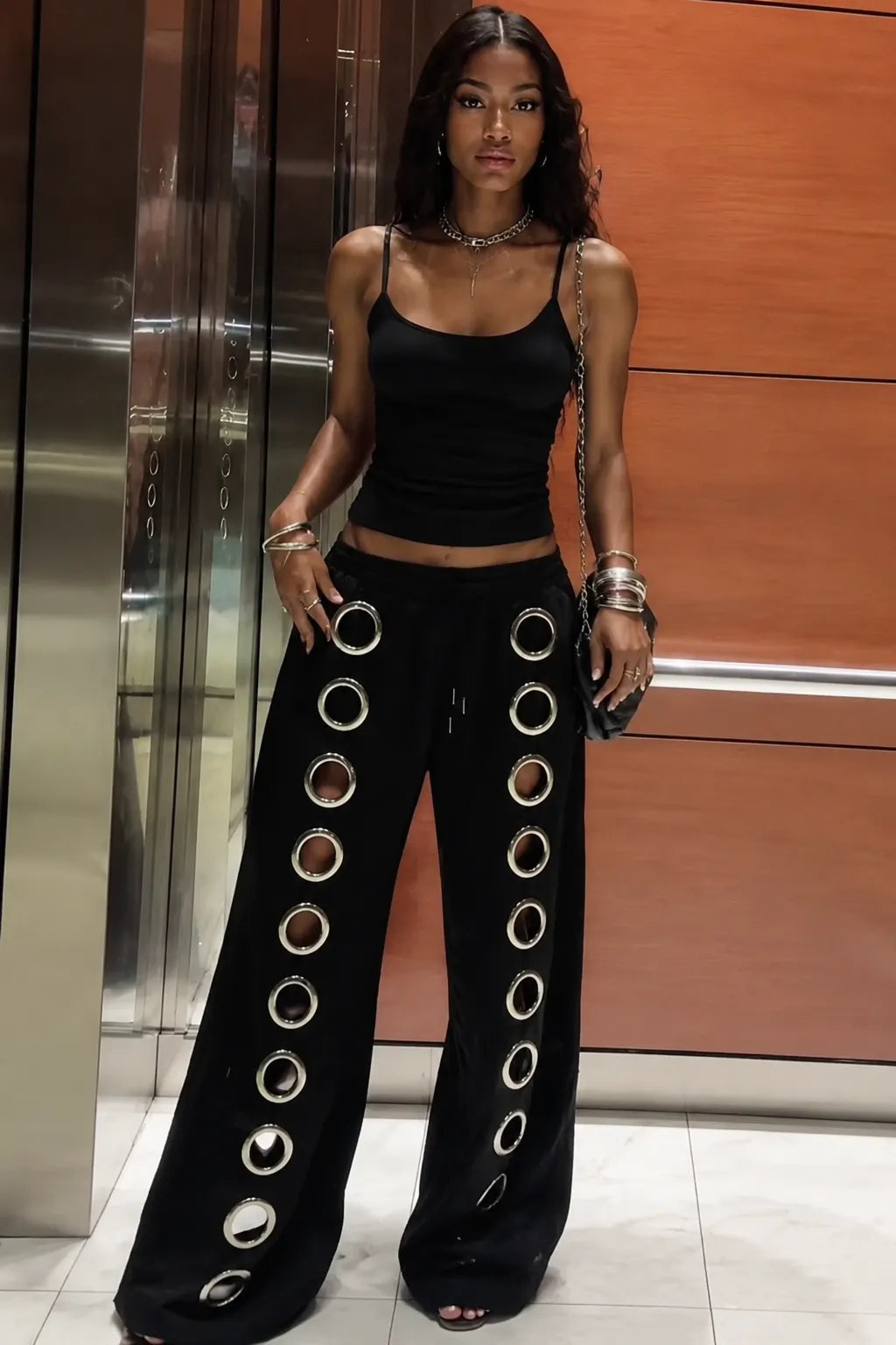 Metal Eyelet Cutout Wide Leg Pants