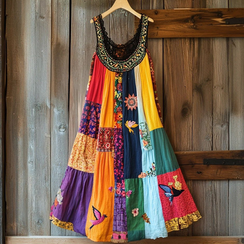 Boho Floral Embroidered Patchwork Linen Blend Dress a7fb