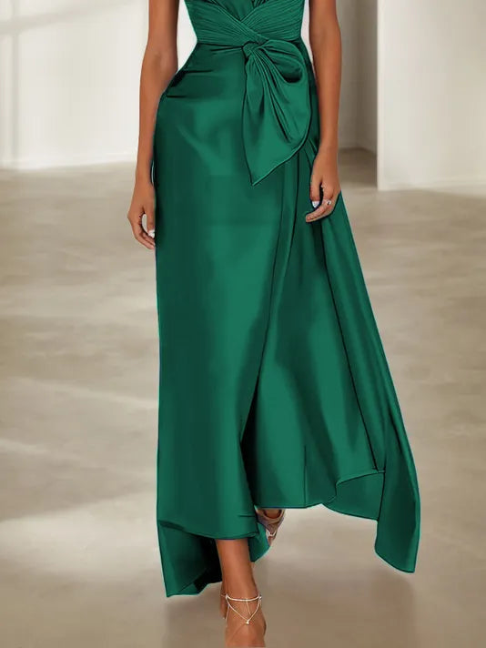 Green Cap Sleeve Bow Satin A-Line Maxi Dress