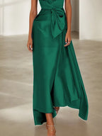 Green Cap Sleeve Bow Satin A-Line Maxi Dress