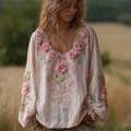 Bohemian Retro Style Plant Flower Design Women's  Linen Long-sleeve Top