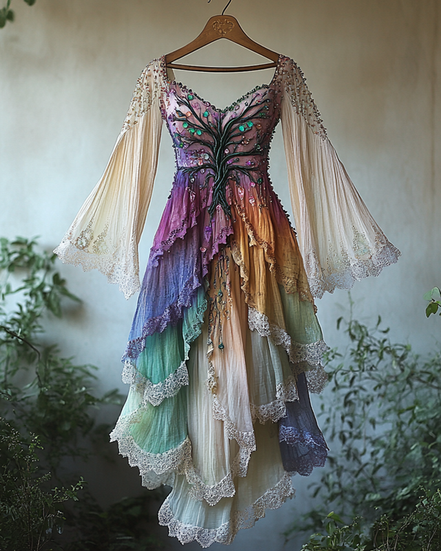 Summer Viking Tribal Celtic Tree of Life Gradient Lace Splicing Ruffle Dress 6264