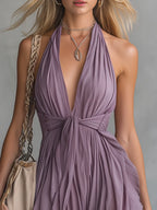 Elegant And Stylish Halter Neck V-neck Sleeveless Chiffon Maxi Dress