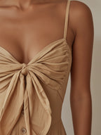 Beige Linen-Blend Bow-Front Button-Down Maxi Dress