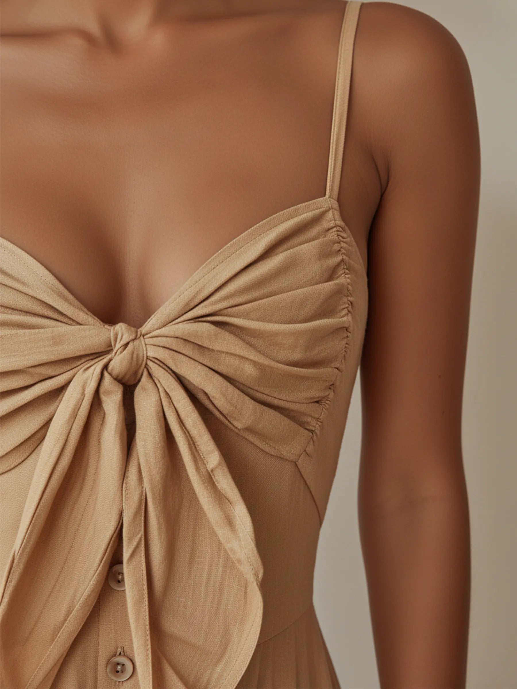 Beige Linen-Blend Bow-Front Button-Down Maxi Dress