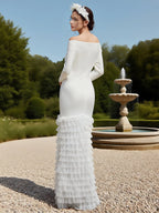 Off White Off The Shoulder Ruched  Mermaid Gown