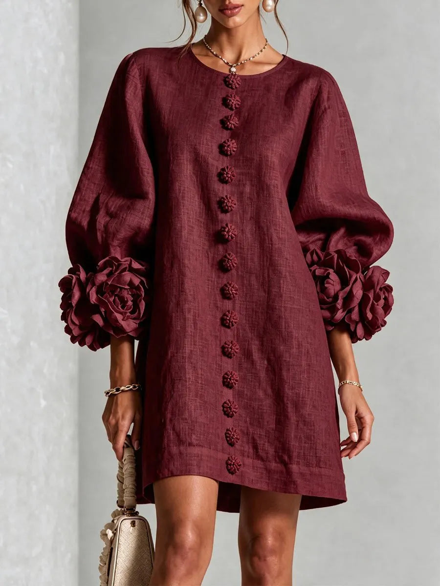Women's 3D Floral Cuff Balloon Sleeve Mini Dress, Front Floral Button Cotton Linen Blend Shift Dress