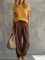 Casual Knitted Pullover Top And Linen-cotton Trousers Two-piece Set