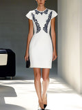 Stylish White Dress With Navy Blue Symmetrical Embroidery
