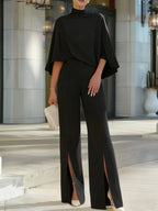 Cape-Sleeve High-Neck Blouse & Slit Wide-Leg Trousers Set