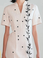 Pink Polka Dot Linen Dress with Bamboo Embroidery