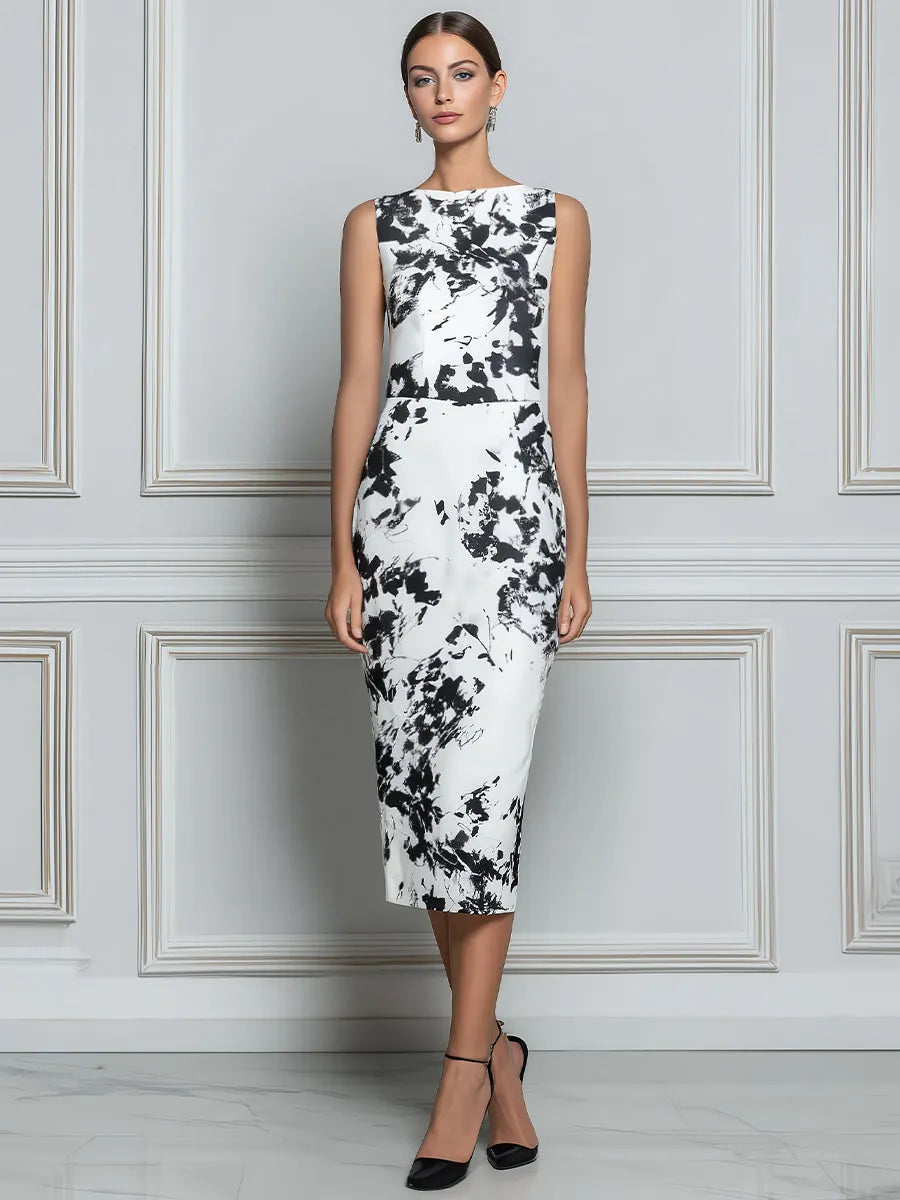 Abstract Print Sheath Dress With Detachable Capelet