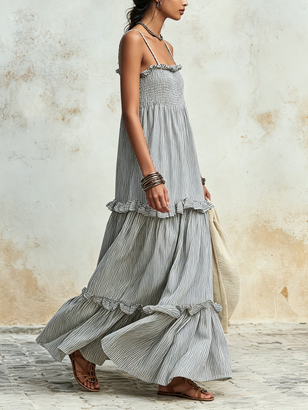 Tiered Ruffled Striped Smocked Cami Maxi Dress