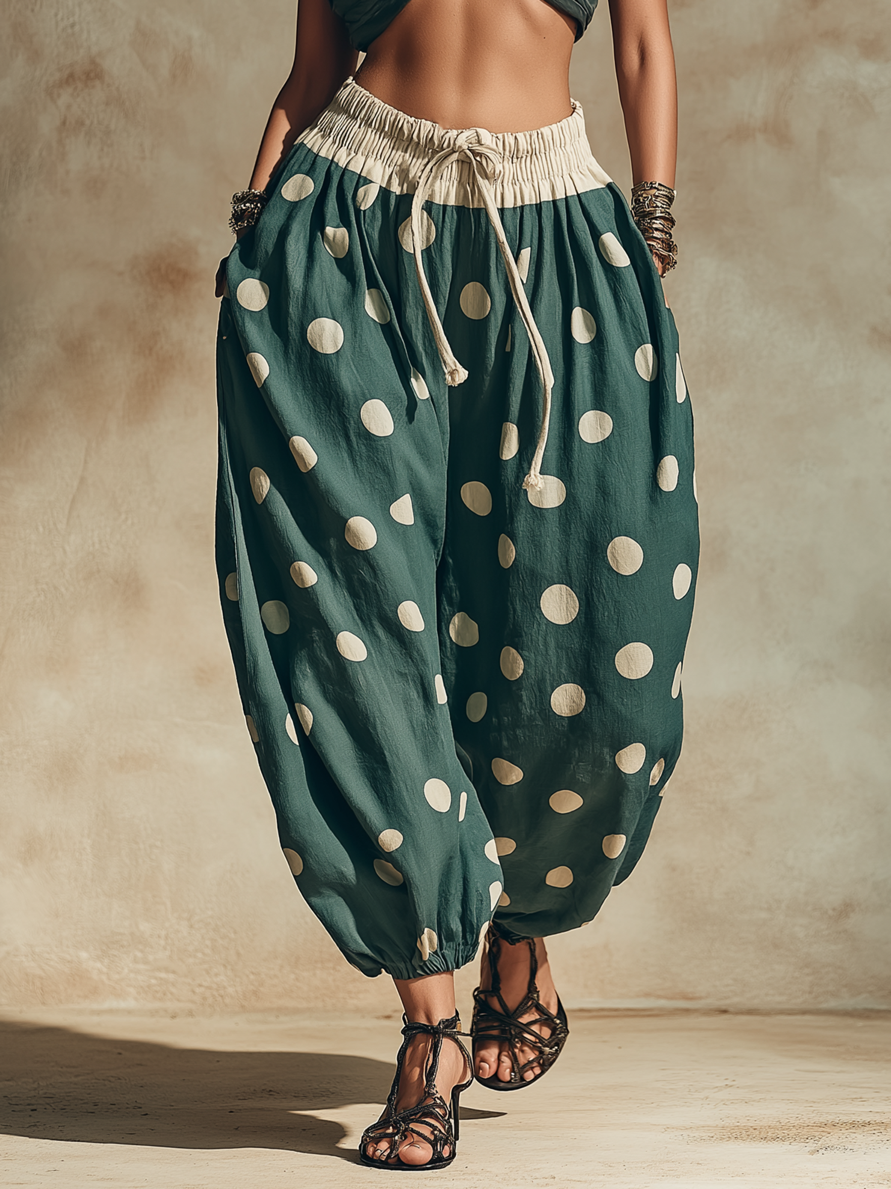 Teal Polka Dot High-Waisted Harem Pants With Drawstring Waist