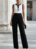 Elegant Black And White Color-Blocked Sleeveless Top And High-Waisted Wide-Leg Pants Set