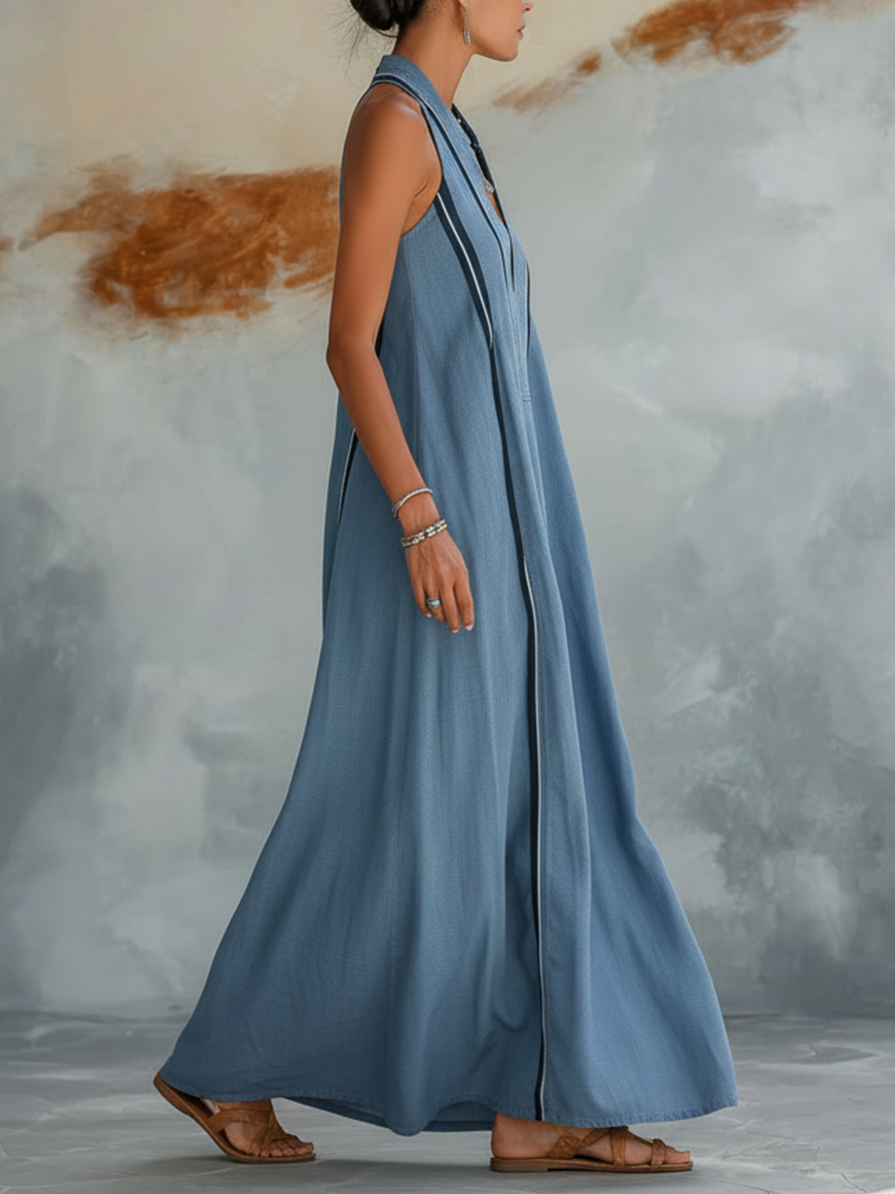 Light Blue Tencel Denim Halter Neck Striped Maxi Dress