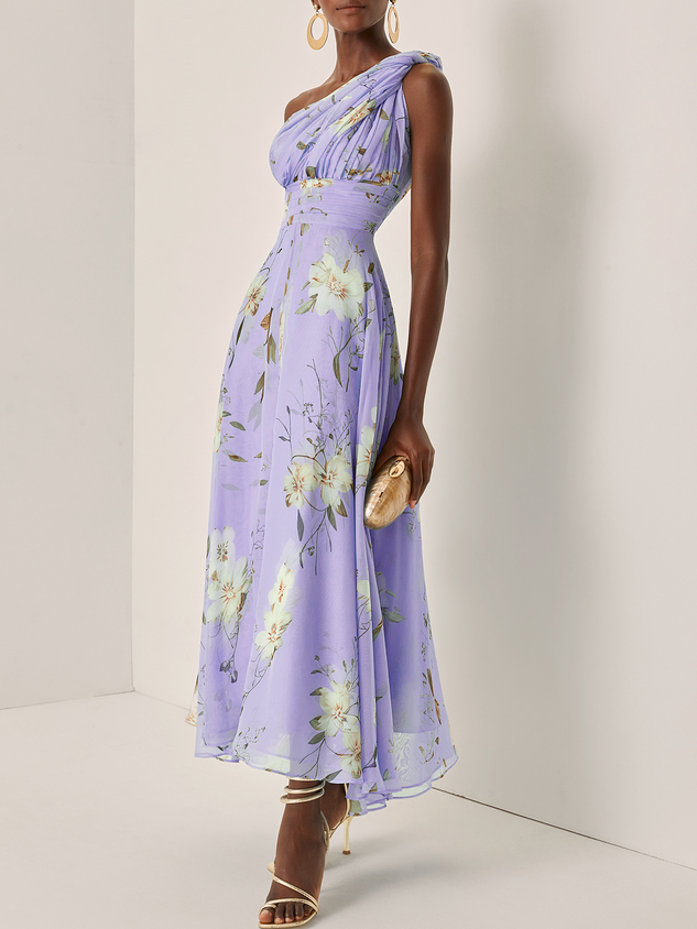 Light Blue Floral Ruched Chiffon One Shoulder Sleeveless A-Line Maxi Dress