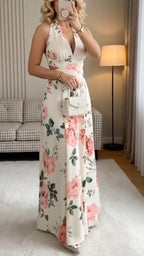 Floral Halter Cutout Jumpsuit