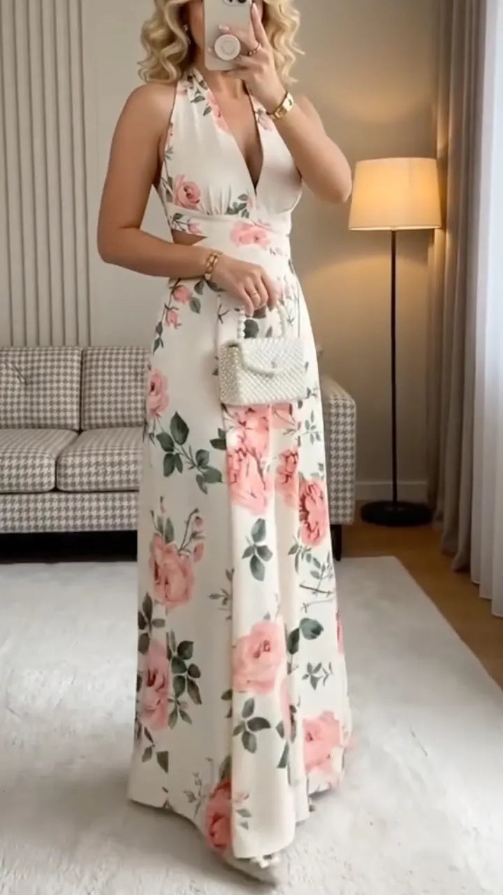 Floral Halter Cutout Jumpsuit