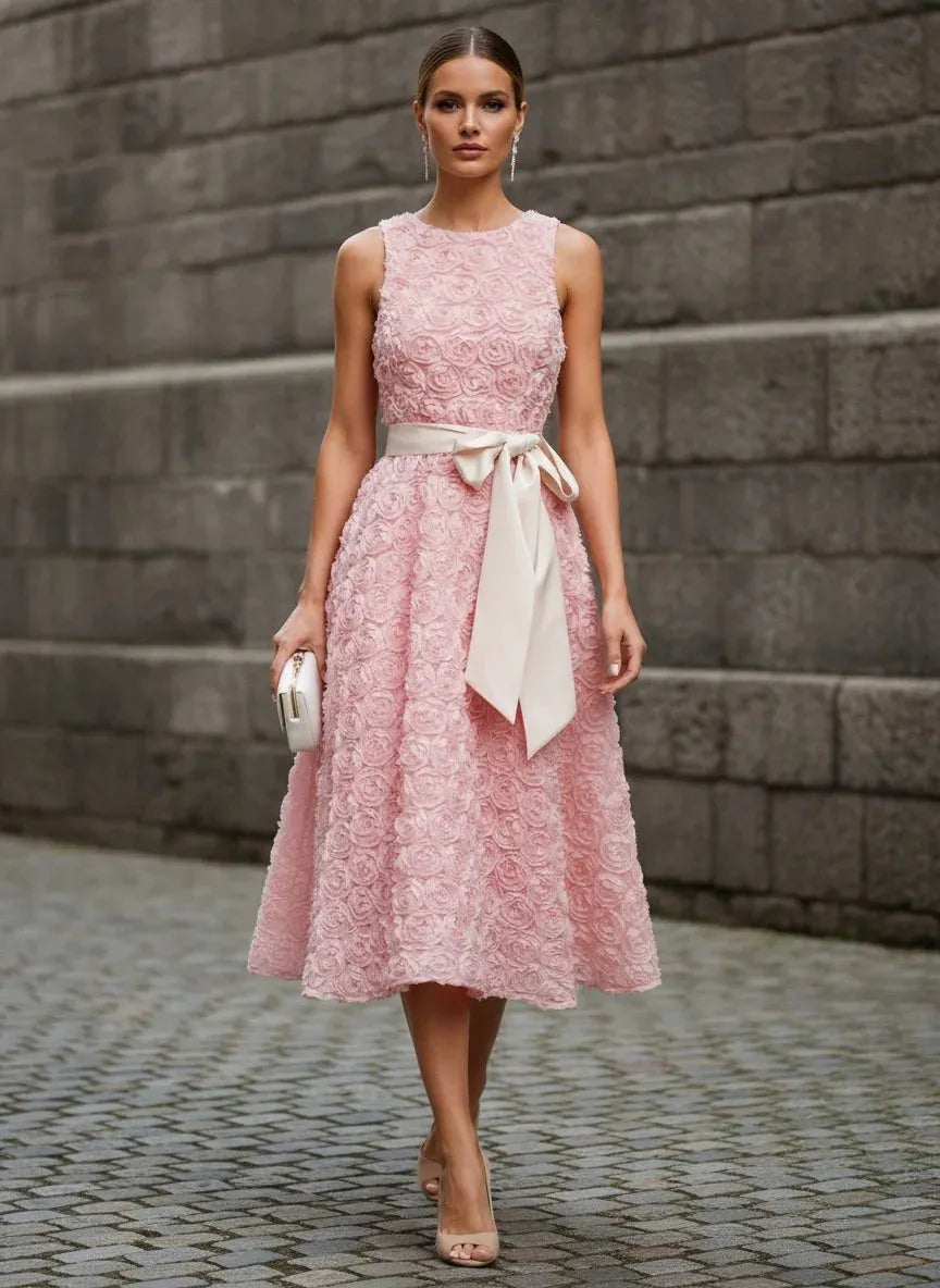 Pink 3D Floral Bow Crew Neck A-Line Midi Dress With Pockets