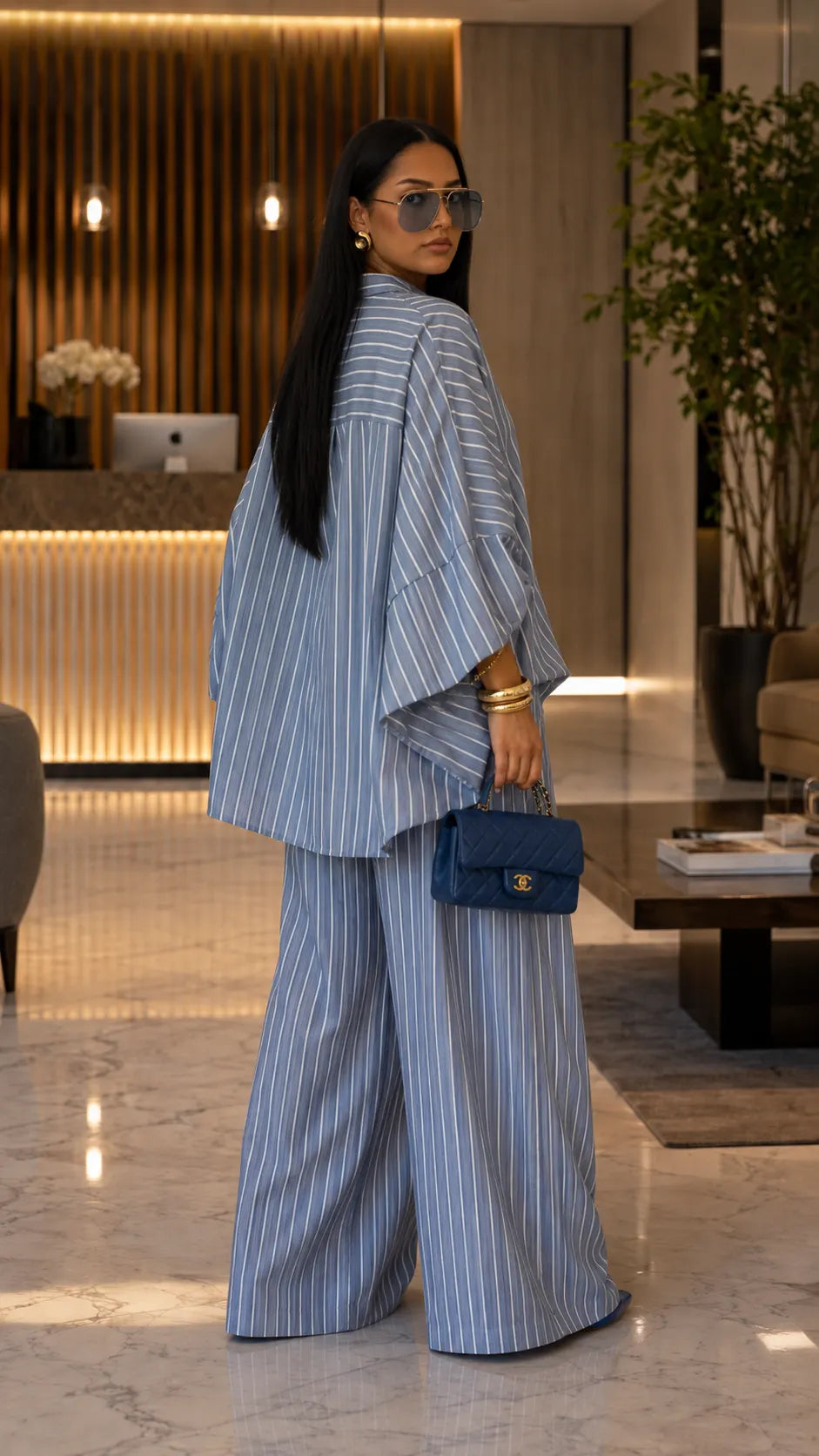 Vertical Stripe Oversized Shirt & Wide-Leg Pant Two-Piece