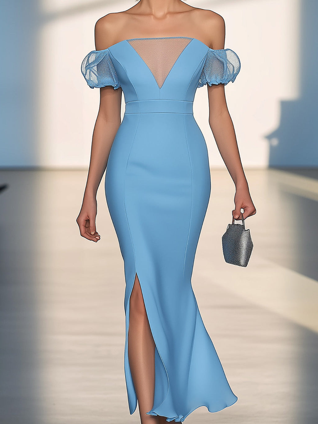 Sky Blue Satin Dress with Tulle Sleeve Detail