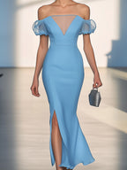 Sky Blue Satin Dress with Tulle Sleeve Detail