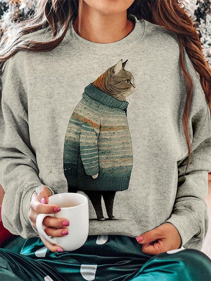 Women's Winter Cat Print Sweatshirt