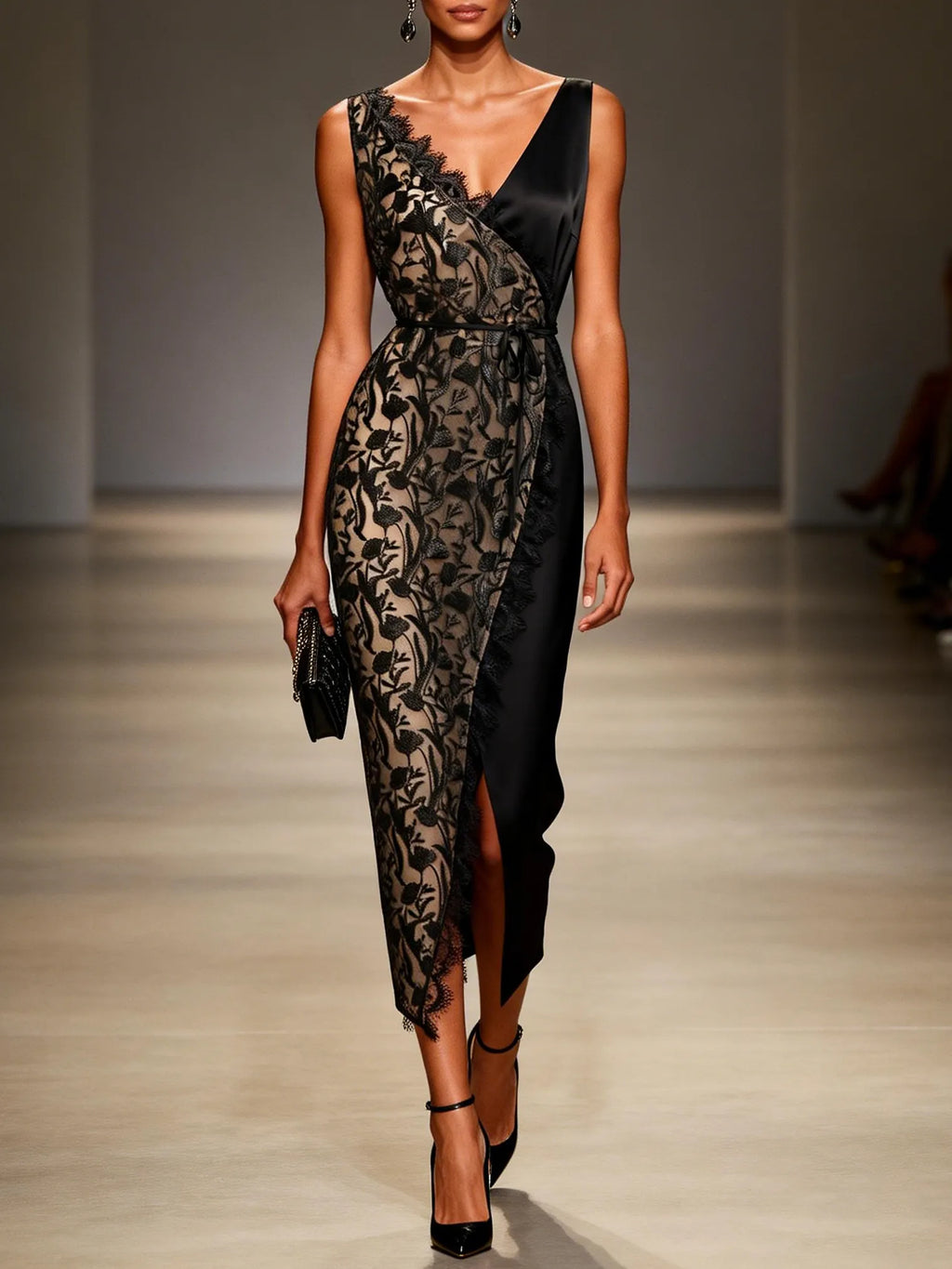 Black Lace Embroidery Sheer Mesh V Neck Sleeveless Wrap Sheath Maxi Dress